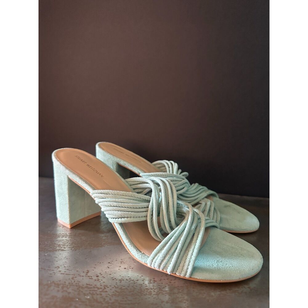 Stuart Weitzman Heeled Sandals 9 Slide Twist Block 75 Minimalist Resort Green